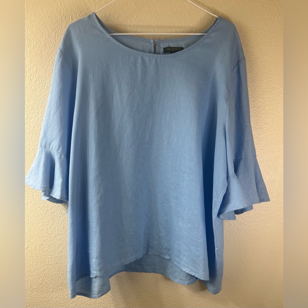 For Cynthia Sky Blue 100% Linen Blouse 3/4 Ruffle Hem Sleeves Keyhole Back Sz 1X